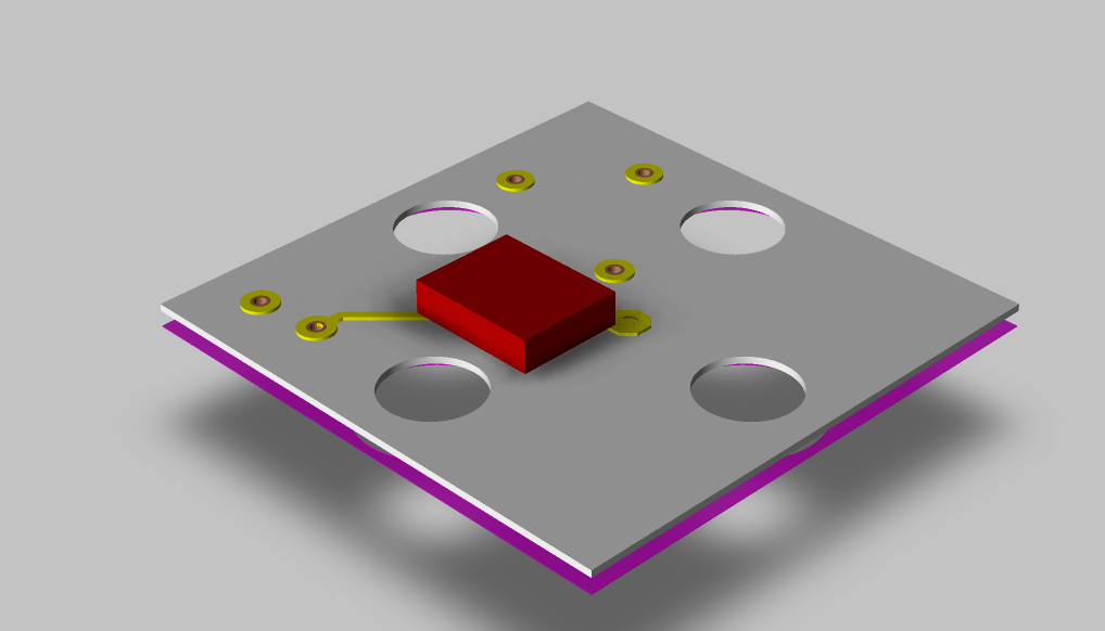 מעגל אלקטרוני שתוכנן בחברת ניסטק בגודל של 5 על 5 ממ ומכיל רכיב קבור מסוג נגד במידות של 0.65 על 0.35 ממ